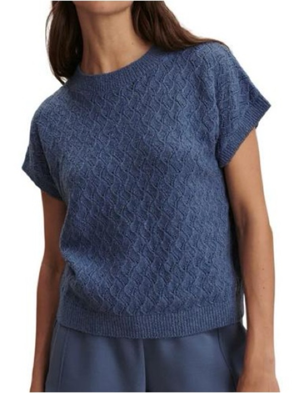 Varley Blue Cable Knit Short-Sleeve Sweater